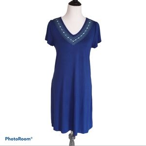 New Embroidered V-neck Stretchy Knit Dress Blue New With Tags Size M